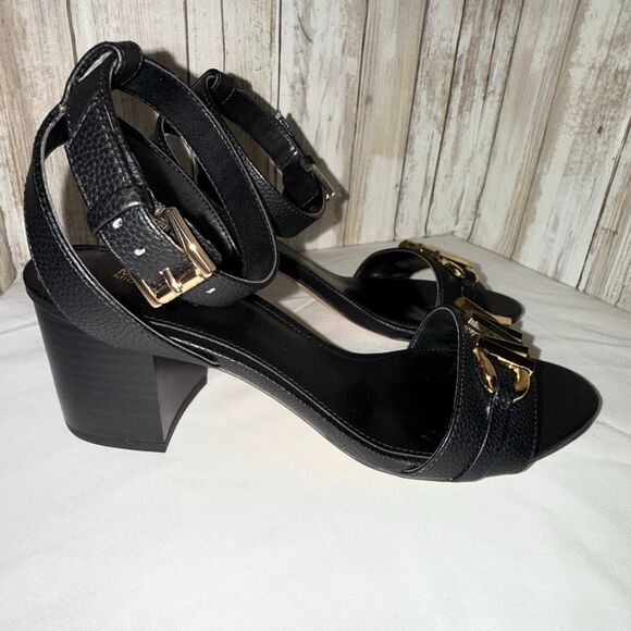 Michael Kors Reed Sandal Black Leather Gold MK Logo Block Heel Size 7.5M | New W - Picture 4 of 15